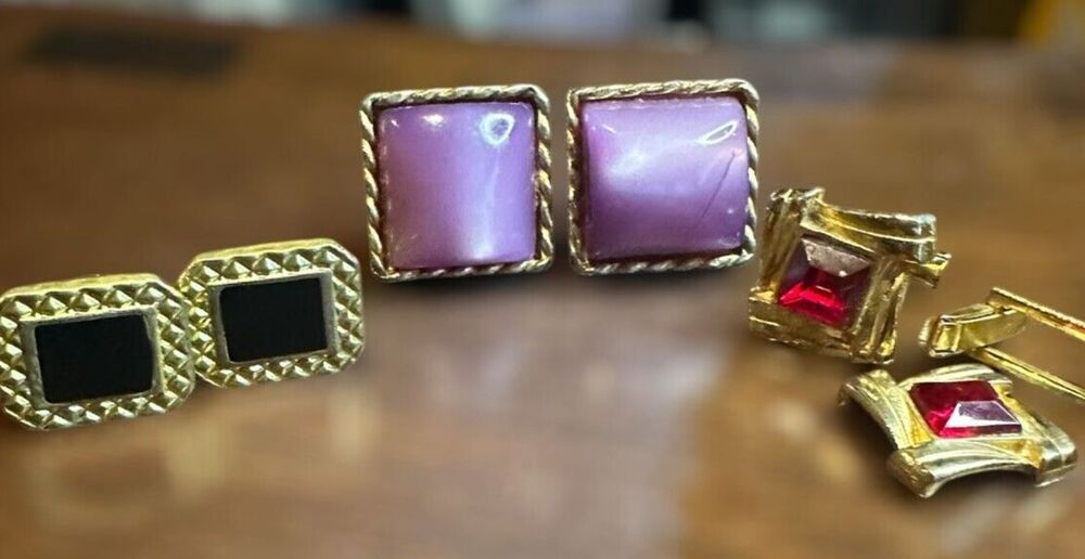 Vintage Cufflinks 3 set chunky Purple Square Black funky red glam retro